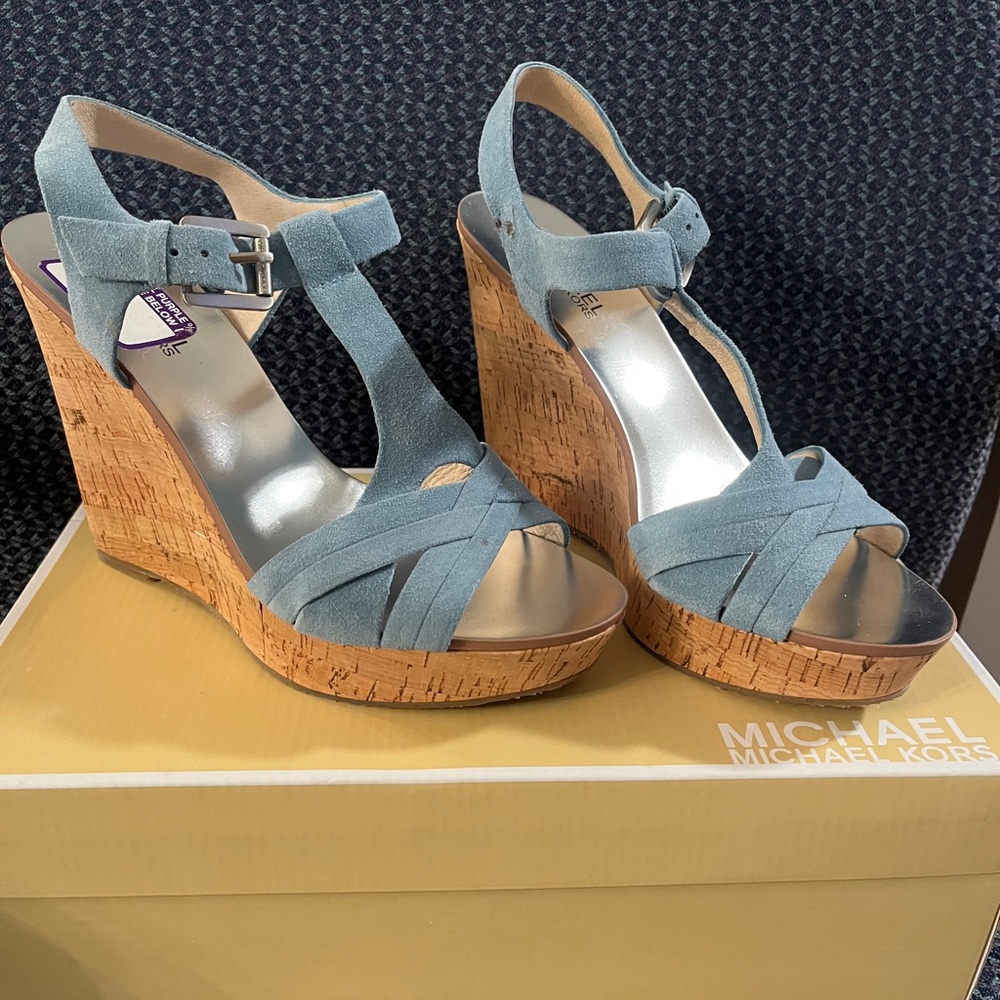 Michael Kors Light Blue Suede Cork Wedge Sandals
